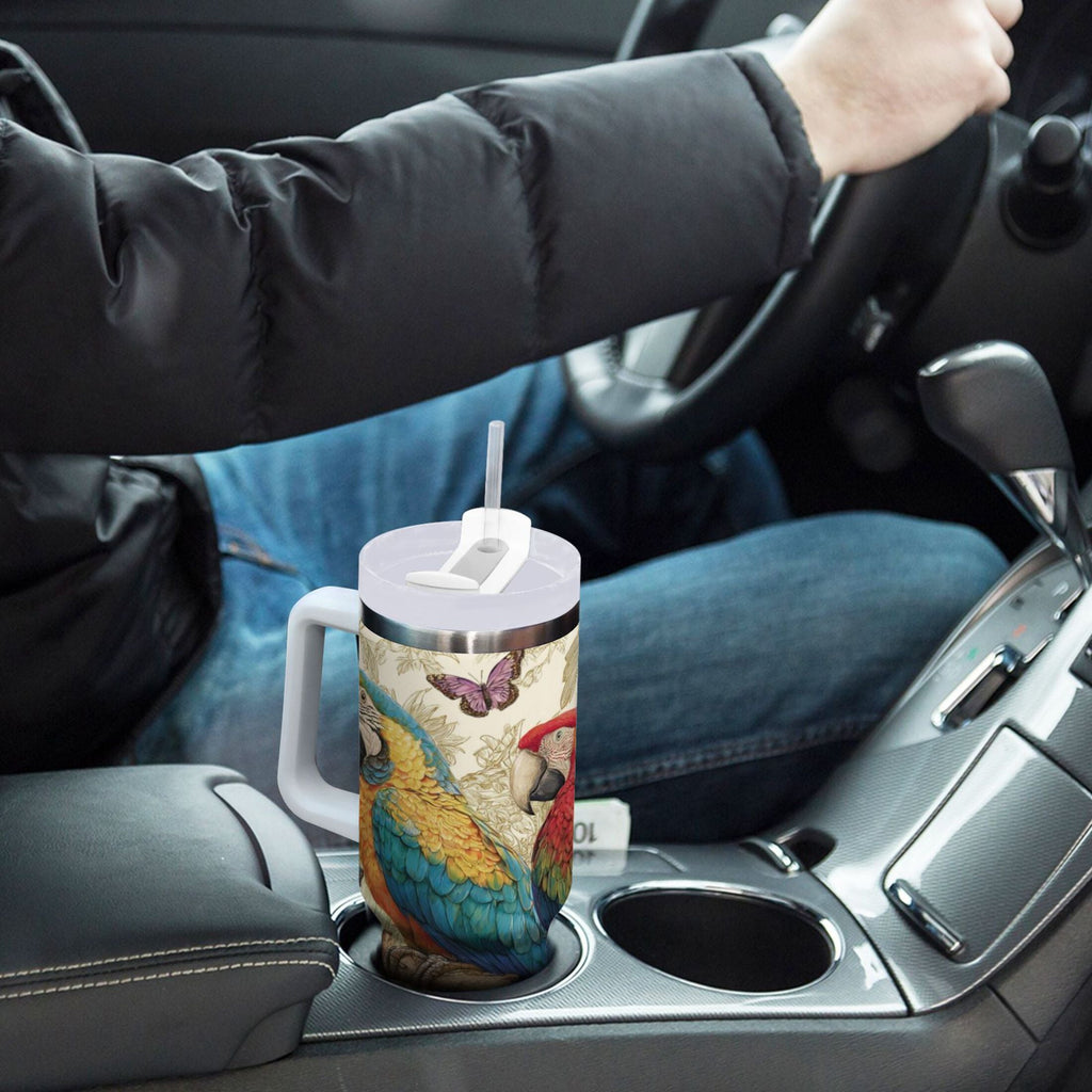 30 oz Insulated Stainless Steel Tumbler Double Wall Stainless Steel Tumbler with 2-Way Drinking Colorful Beautiful Parrots - FM7O