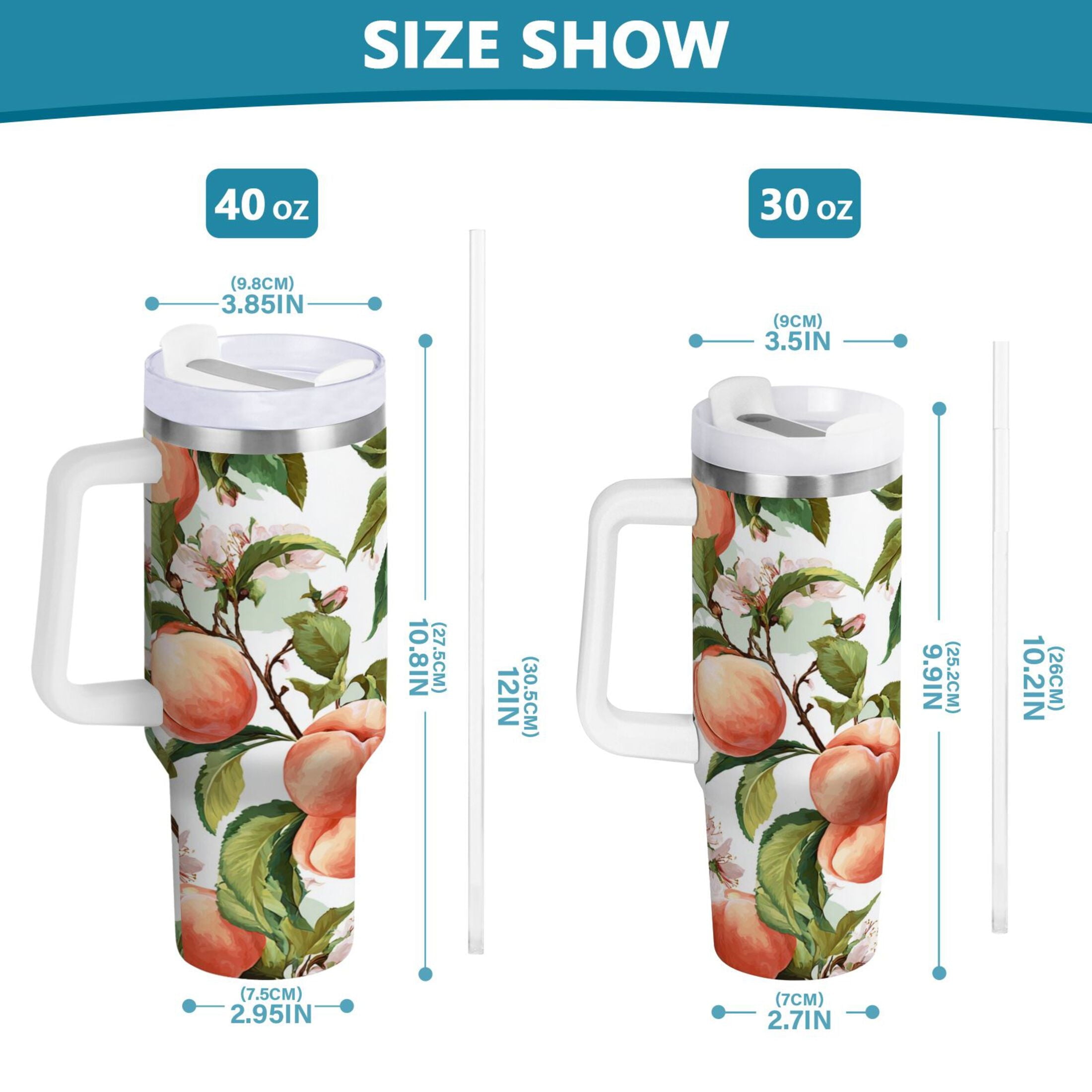 30 oz Insulated Stainless Steel Tumbler Double Wall Stainless Steel Tumbler with 2-Way Drinking Peach Fruit Pattern - YH22