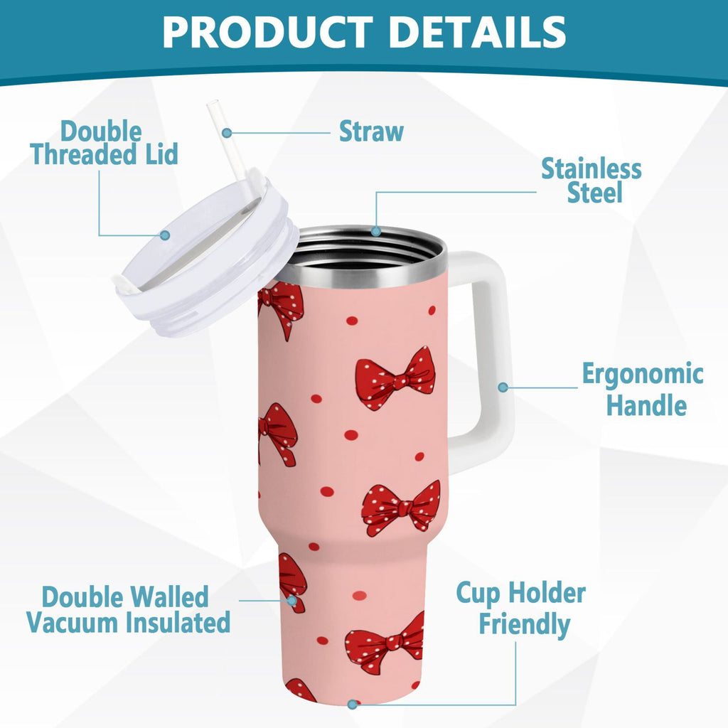 40 oz Insulated Stainless Steel Tumbler Double Wall Stainless Steel Tumbler with 2-Way Drinking Red Bows and Polka Dots - X5A8