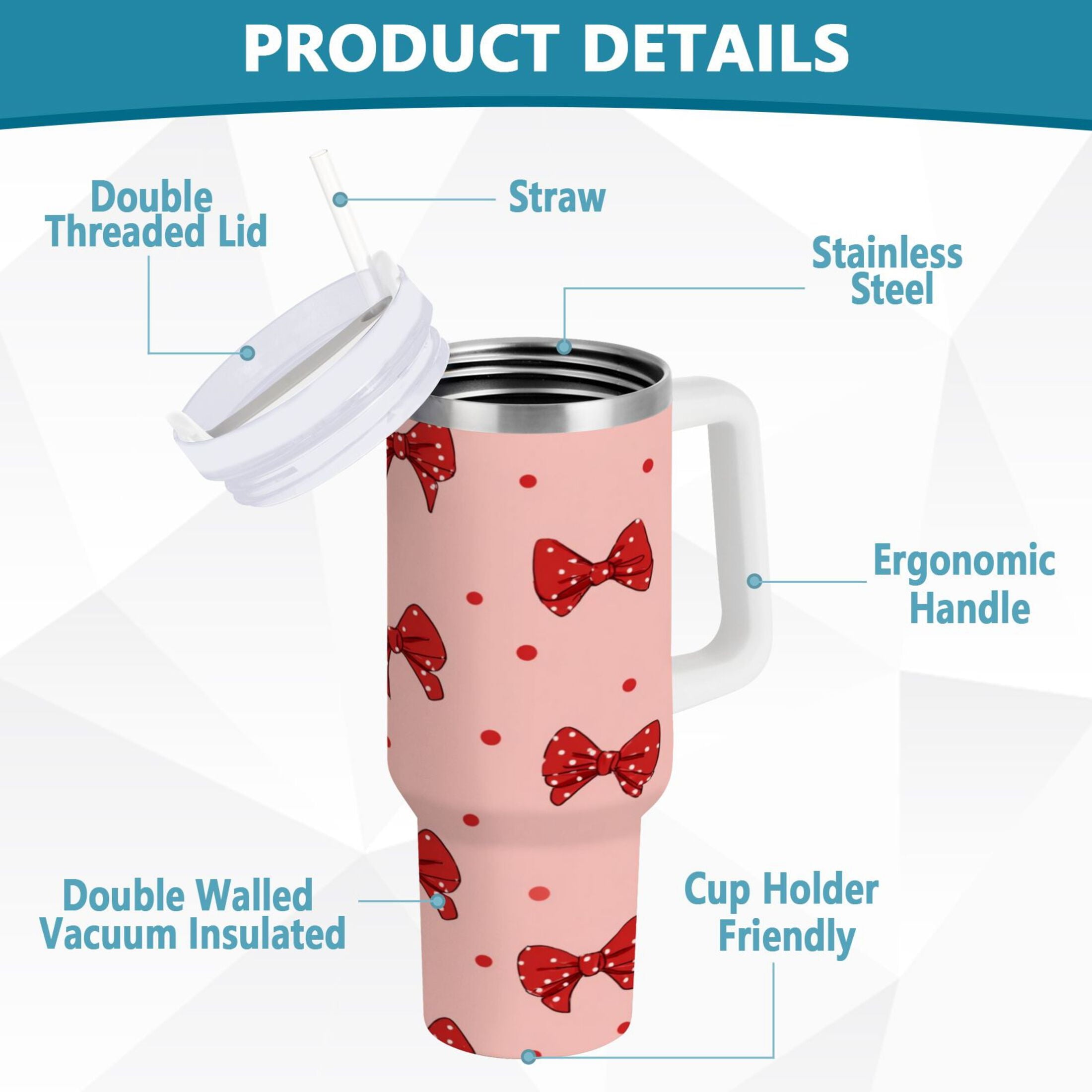 40 oz Insulated Stainless Steel Tumbler Double Wall Stainless Steel Tumbler with 2-Way Drinking Red Bows and Polka Dots - X5A8