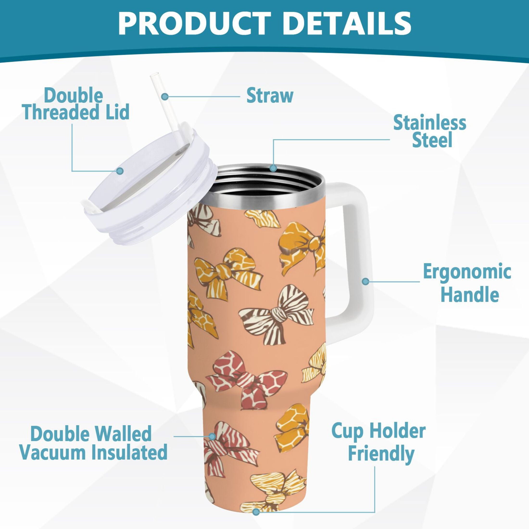 40 oz Insulated Stainless Steel Tumbler Double Wall Stainless Steel Tumbler with 2-Way Drinking Cute Animal Print Bows - BNHY