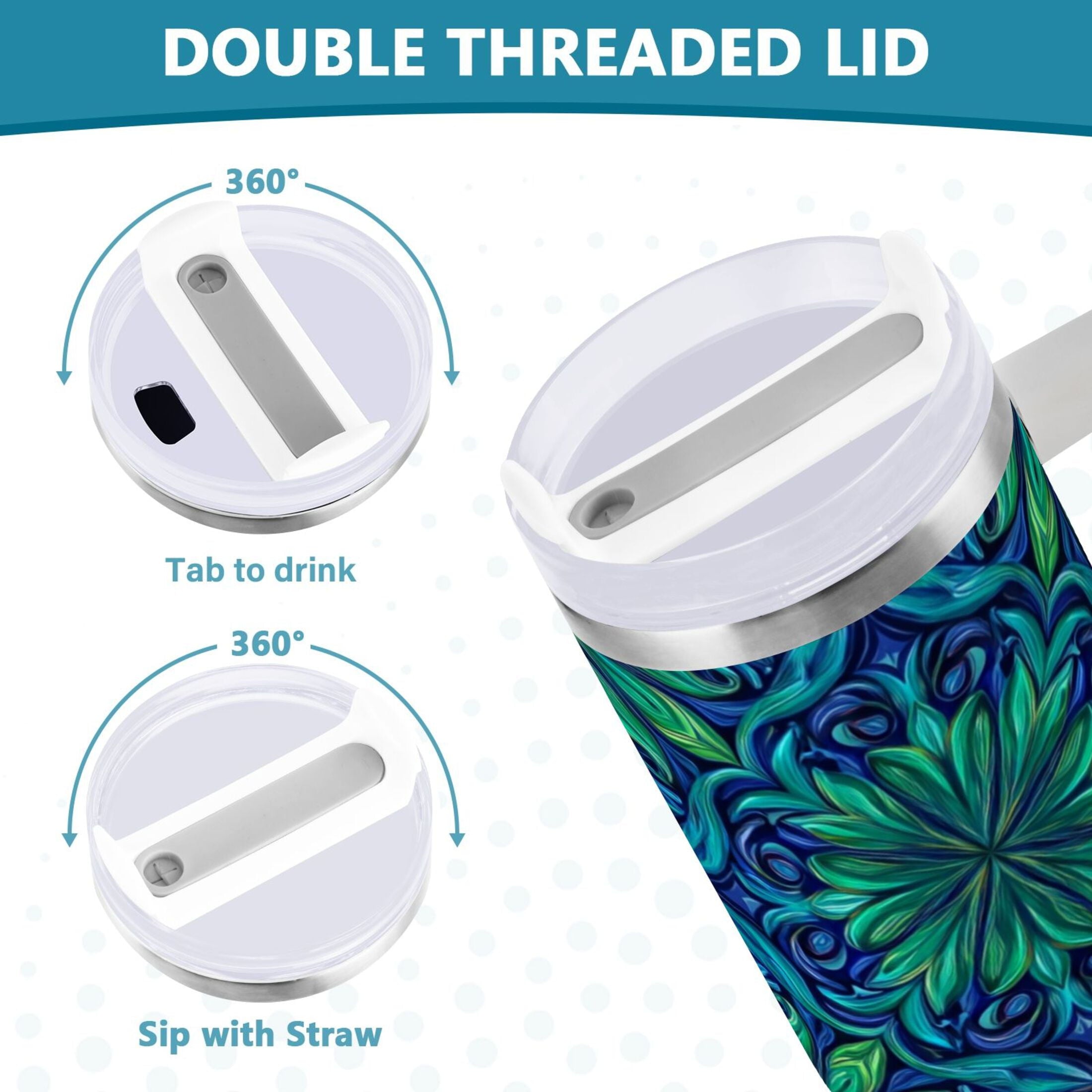 40 oz Insulated Stainless Steel Tumbler Double Wall Stainless Steel Tumbler with 2-Way Drinking Elegant Blue Traditional Patterns - VPY3