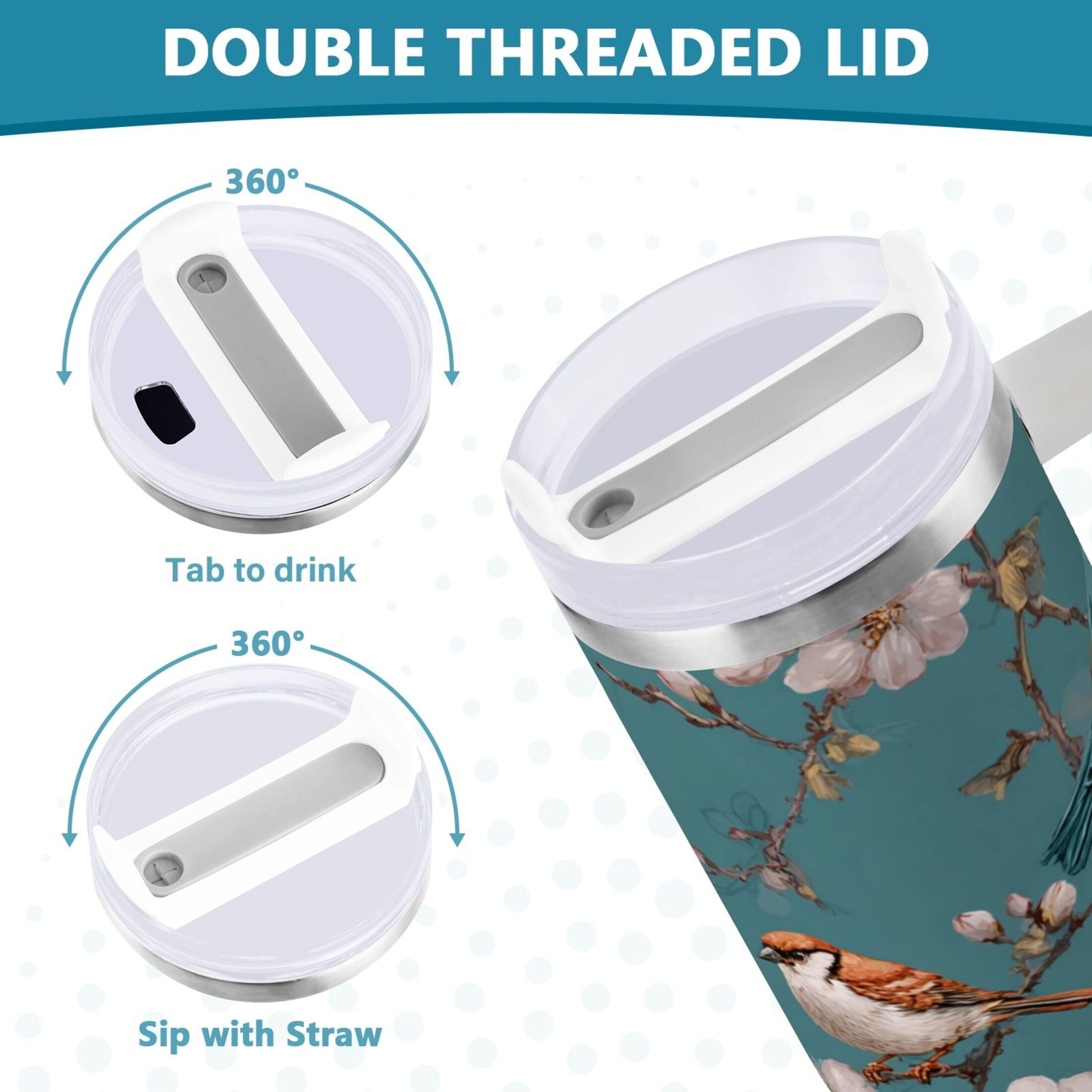 30 oz Insulated Stainless Steel Tumbler Double Wall Stainless Steel Tumbler with 2-Way Drinking Birds and Cherry Pattern - N2QS