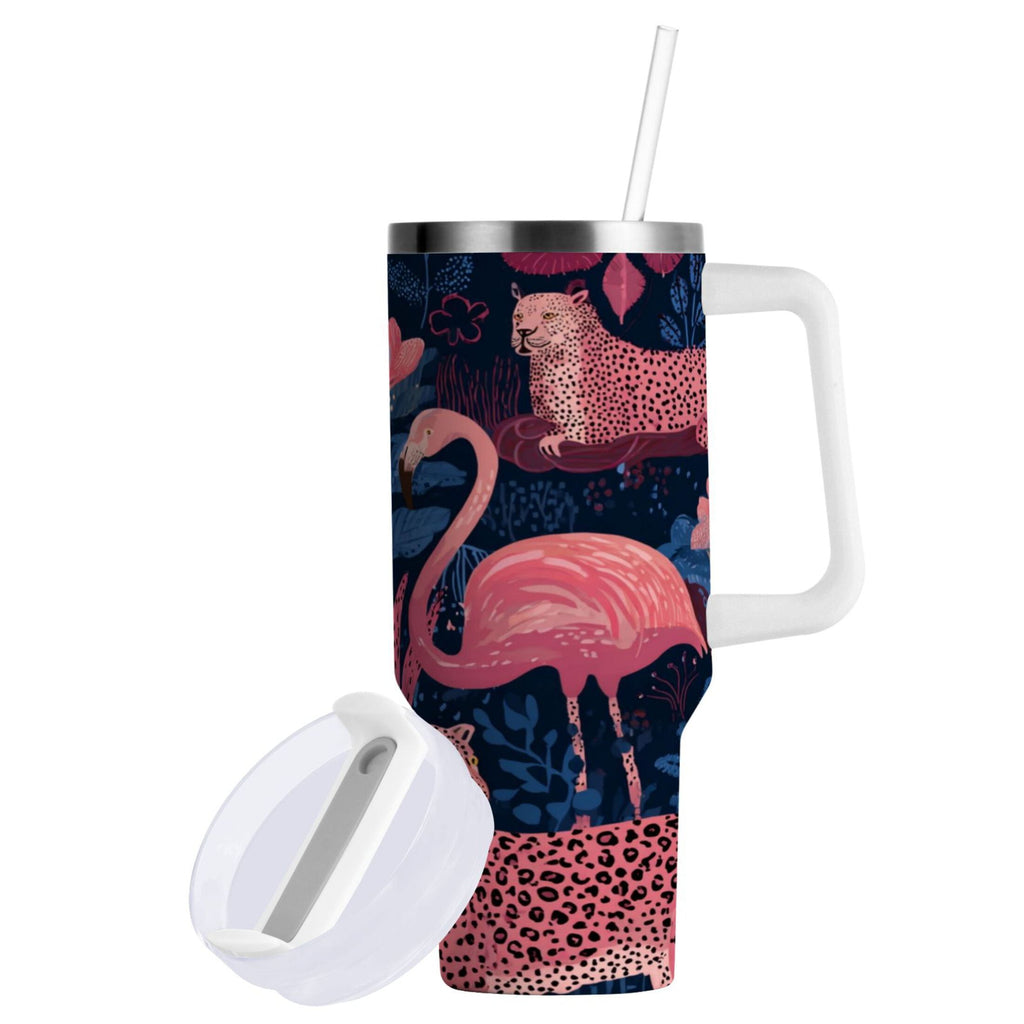 30 oz Insulated Stainless Steel Tumbler Double Wall Stainless Steel Tumbler with 2-Way Drinking Flamingos and Leopard Print - 41BW