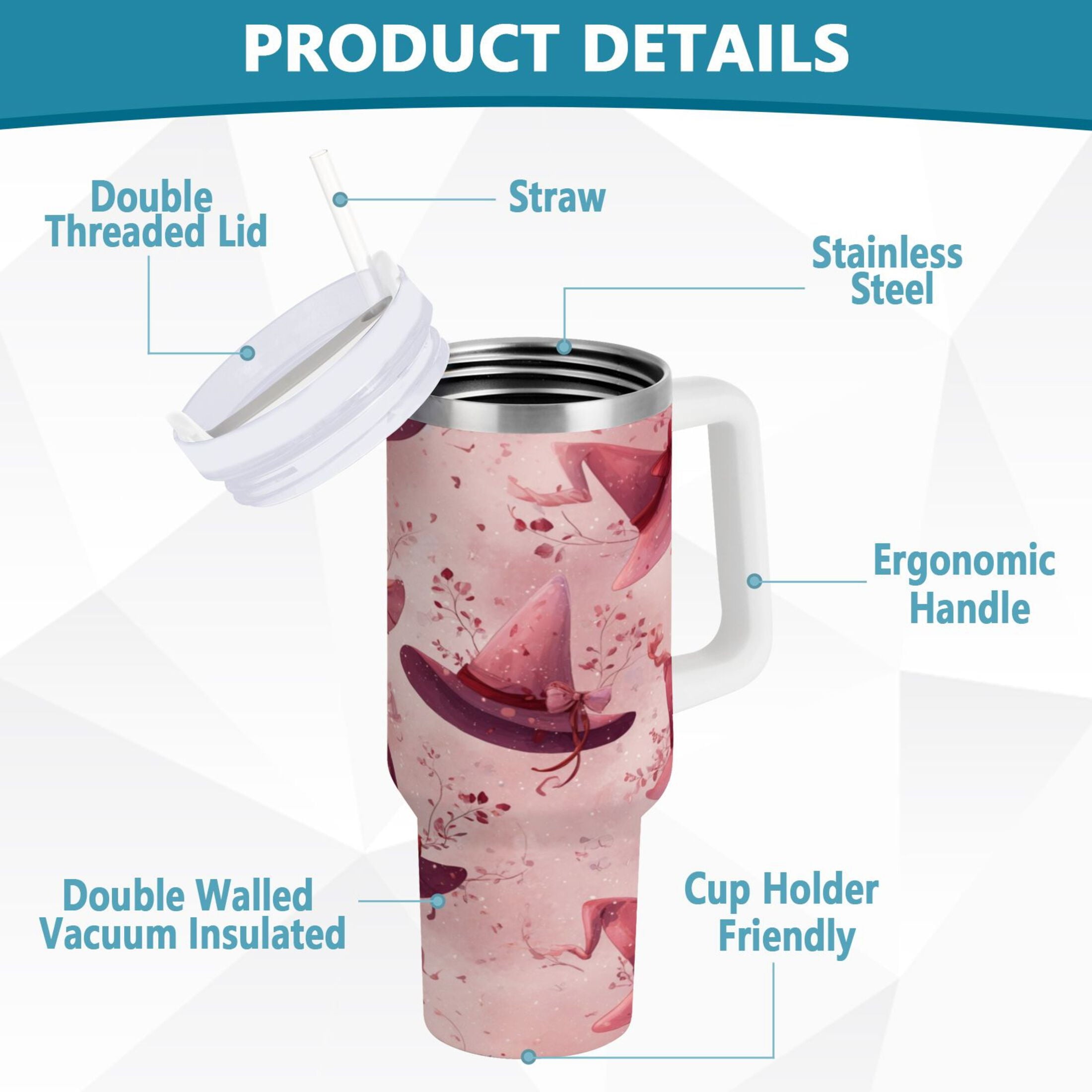 30 oz Insulated Stainless Steel Tumbler Double Wall Stainless Steel Tumbler with 2-Way Drinking Hats with Delicate Bows - H7Z6