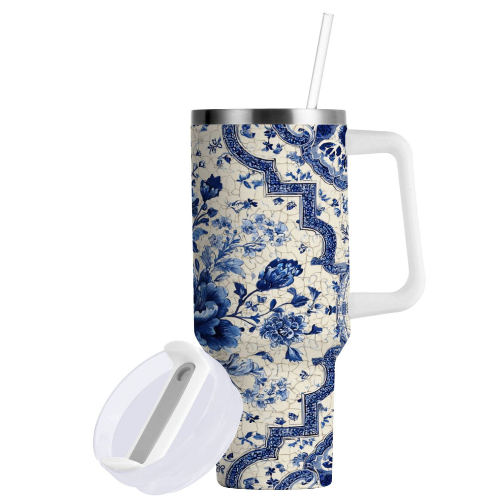 30 oz Insulated Stainless Steel Tumbler Double Wall Stainless Steel Tumbler with 2-Way Drinking Blue and White Porcelain-style - TJC3
