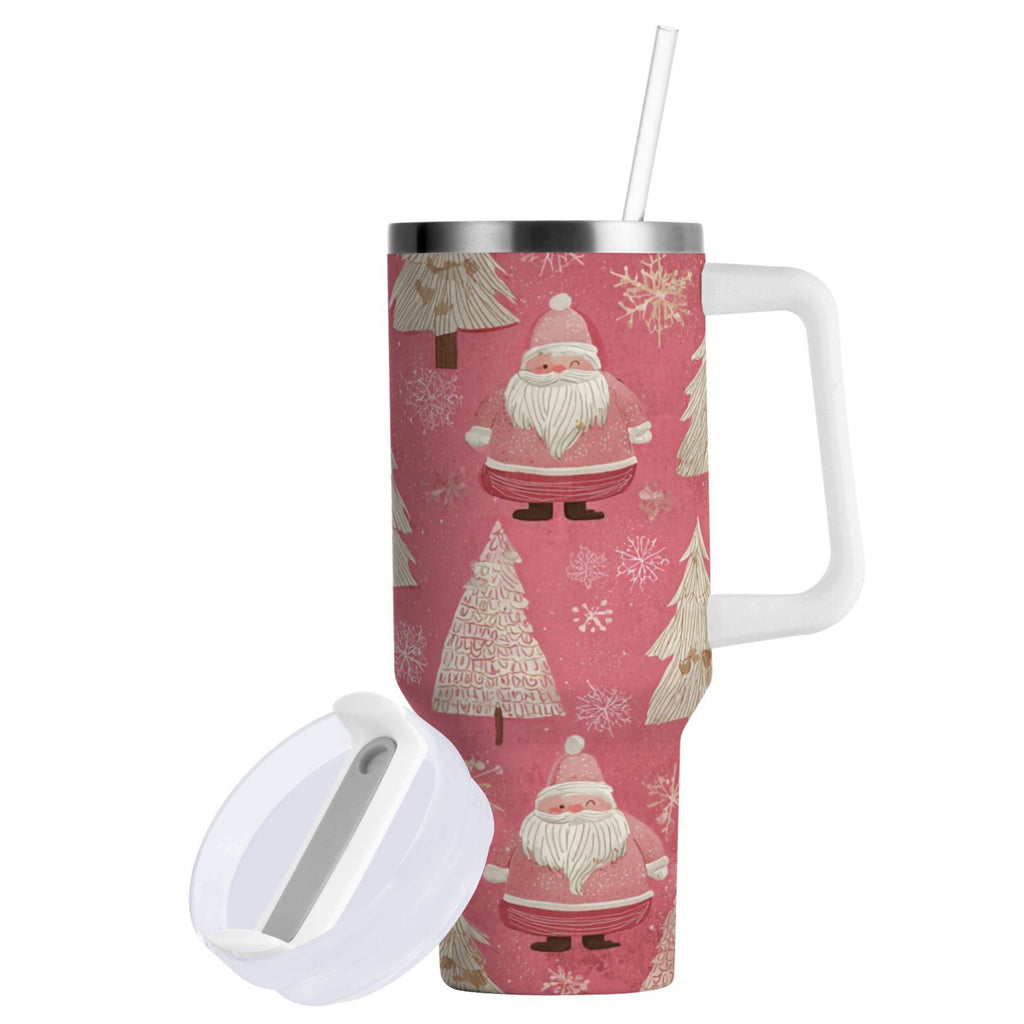 40 oz Insulated Stainless Steel Tumbler Double Wall Stainless Steel Tumbler with 2-Way Drinking Pink Santa Claus Pattern - VRN8