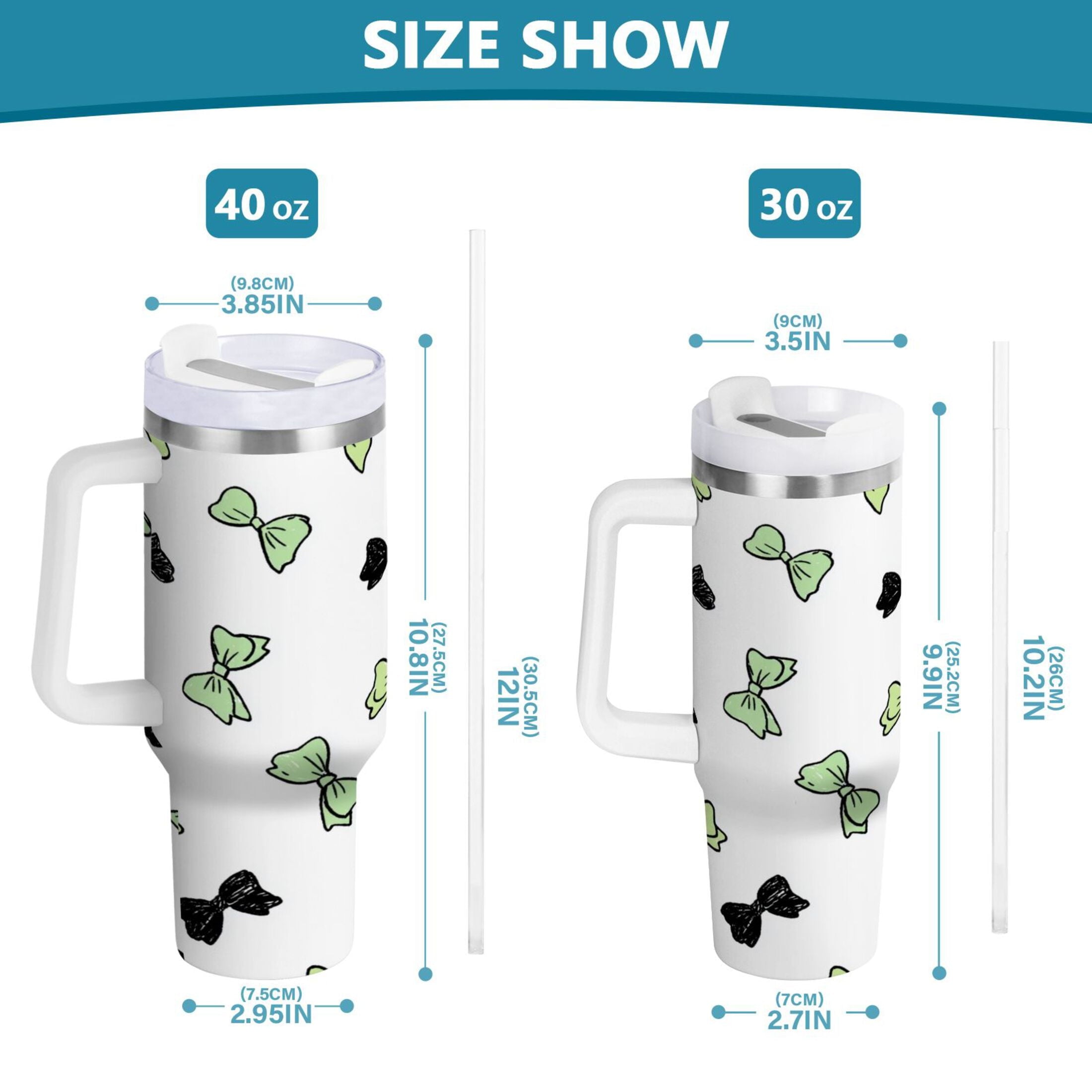 40 oz Insulated Stainless Steel Tumbler Double Wall Stainless Steel Tumbler with 2-Way Drinking Green and Black Bows - QUAU