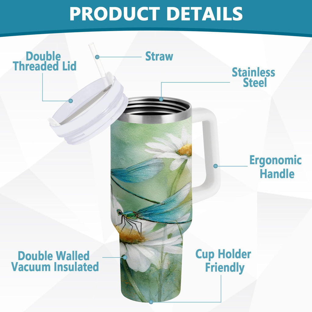 30 oz Insulated Stainless Steel Tumbler Double Wall Stainless Steel Tumbler with 2-Way Drinking Beautiful Dragonflies and Daisies - GLPX