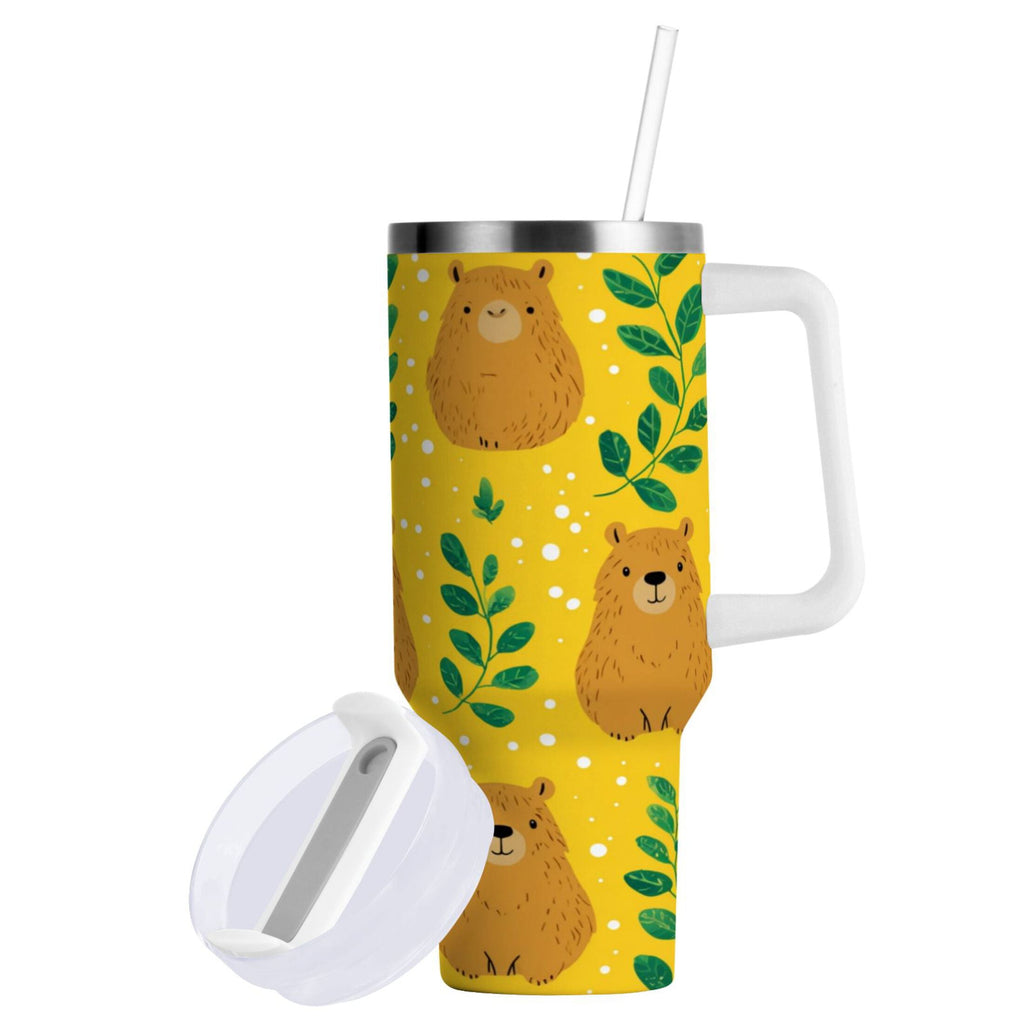 30 oz Insulated Stainless Steel Tumbler Double Wall Stainless Steel Tumbler with 2-Way Drinking Capybara and Green Leaves - 6K7W