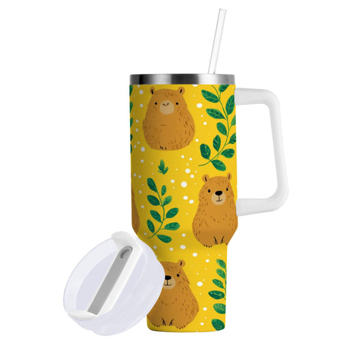 30 oz Insulated Stainless Steel Tumbler Double Wall Stainless Steel Tumbler with 2-Way Drinking Capybara and Green Leaves - 6K7W