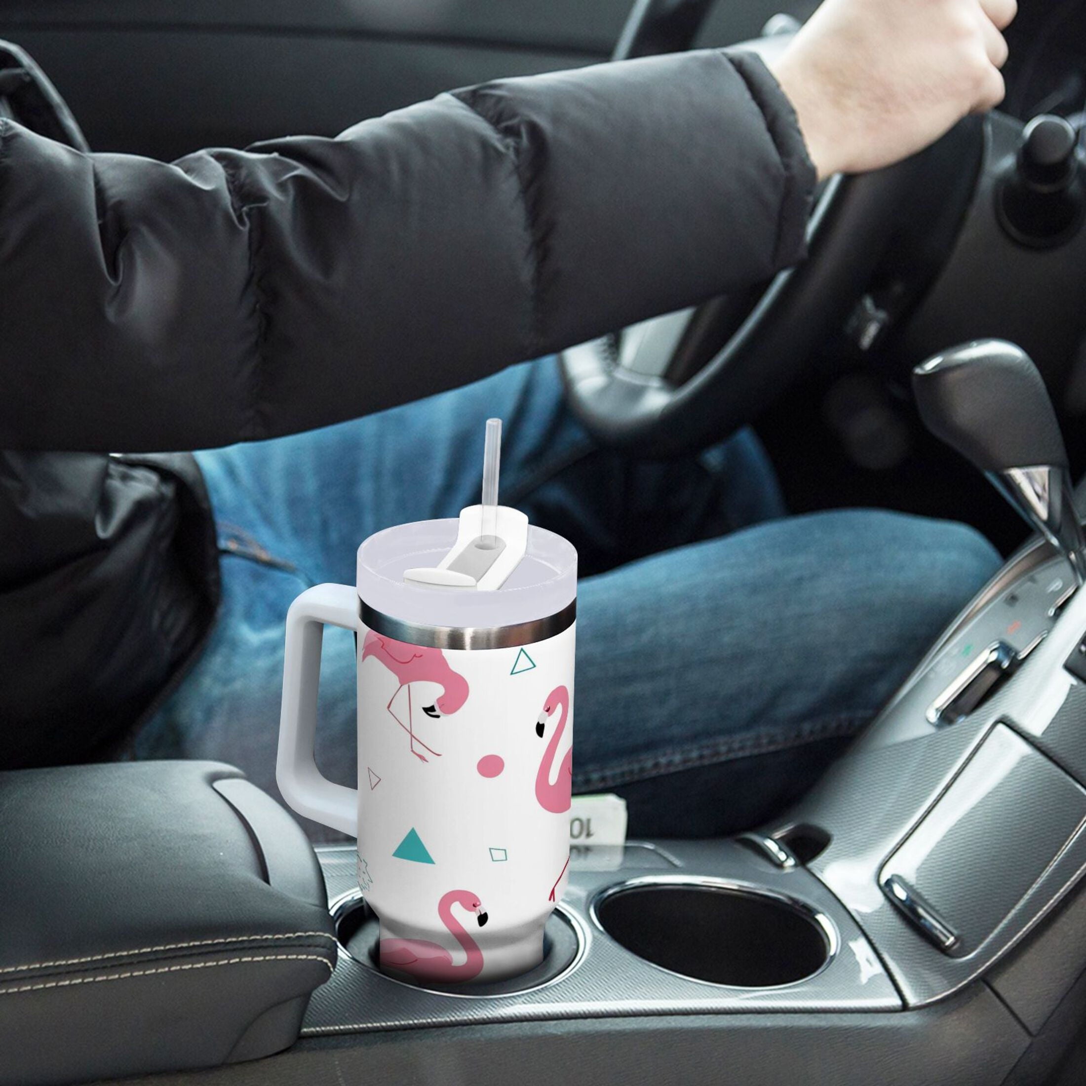 40 oz Insulated Stainless Steel Tumbler Double Wall Stainless Steel Tumbler with 2-Way Drinking Cute Flamingo Pattern - VJRE