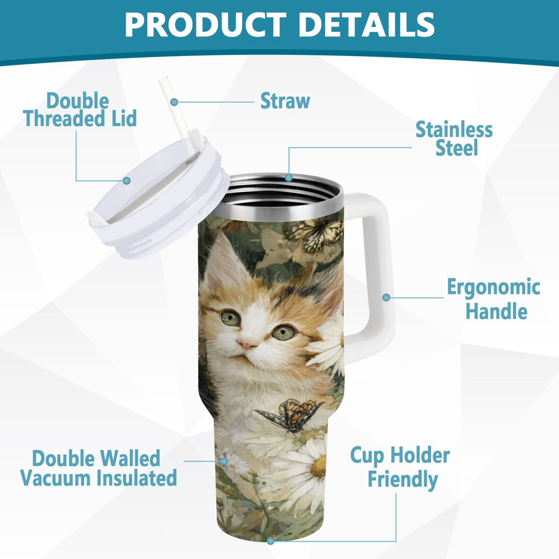 30 oz Insulated Stainless Steel Tumbler Double Wall Stainless Steel Tumbler with 2-Way Drinking Adorable Cats and Daisies - I13N