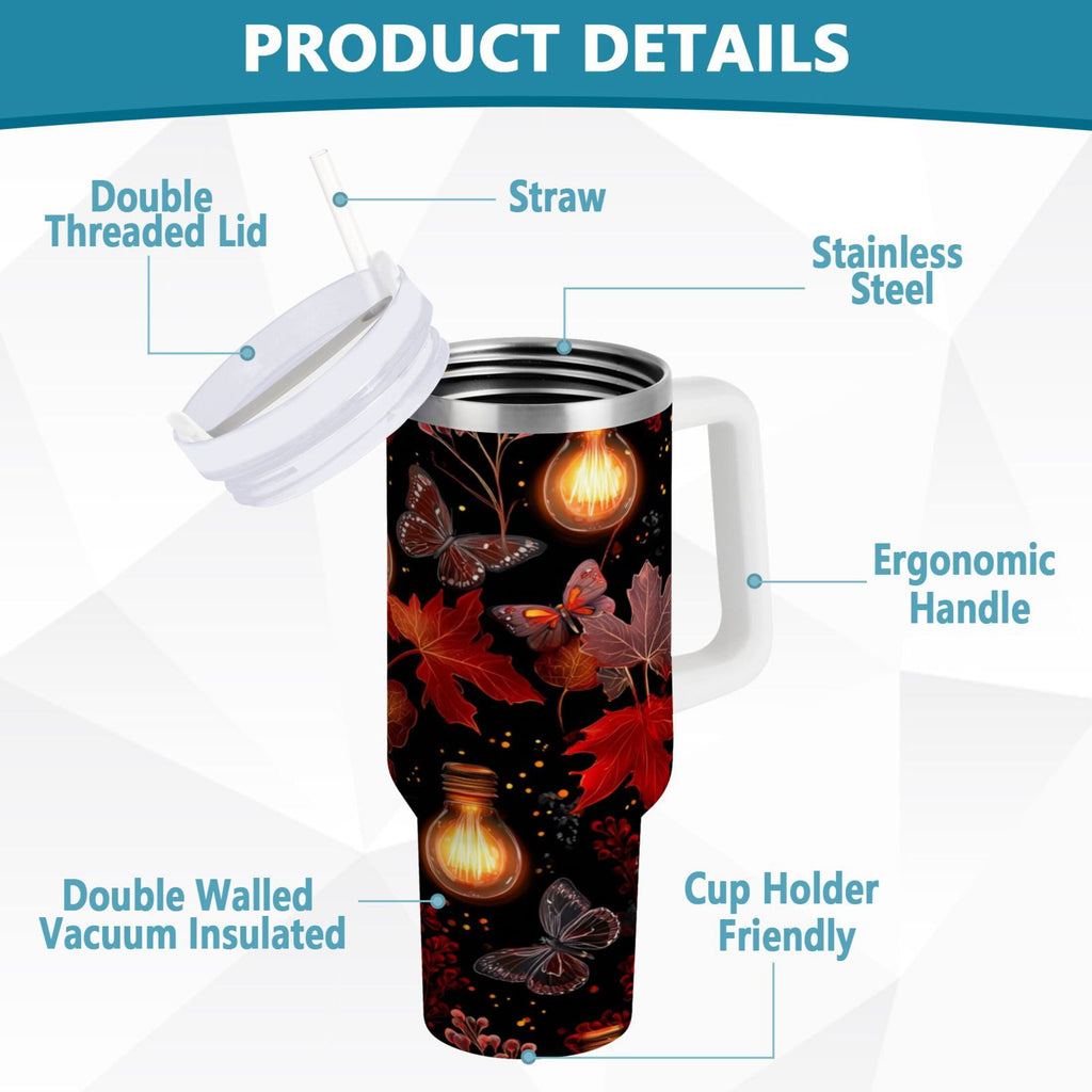40 oz Insulated Stainless Steel Tumbler Double Wall Stainless Steel Tumbler with 2-Way Drinking Light Bulbs and Maple Leaves - XTRY