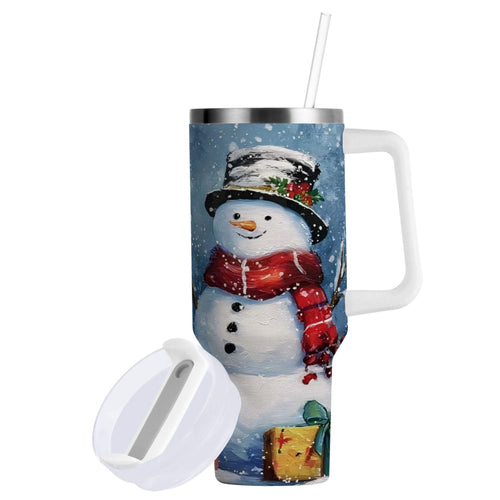 30 oz Insulated Stainless Steel Tumbler Double Wall Stainless Steel Tumbler with 2-Way Drinking Christmas Scene with Snowman - NBC0