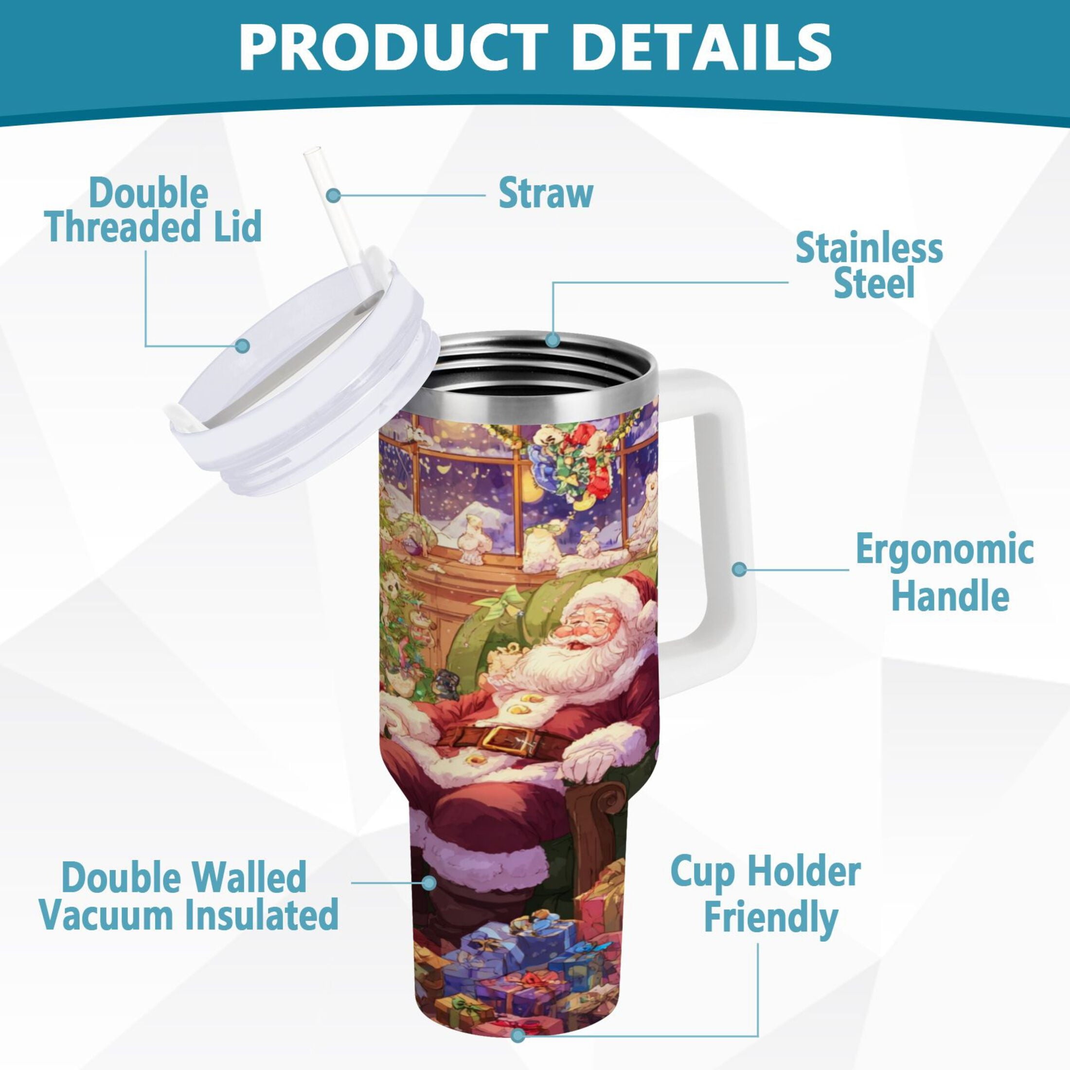 40 oz Insulated Stainless Steel Tumbler Double Wall Stainless Steel Tumbler with 2-Way Drinking Festive Christmas Scene - 6PZN