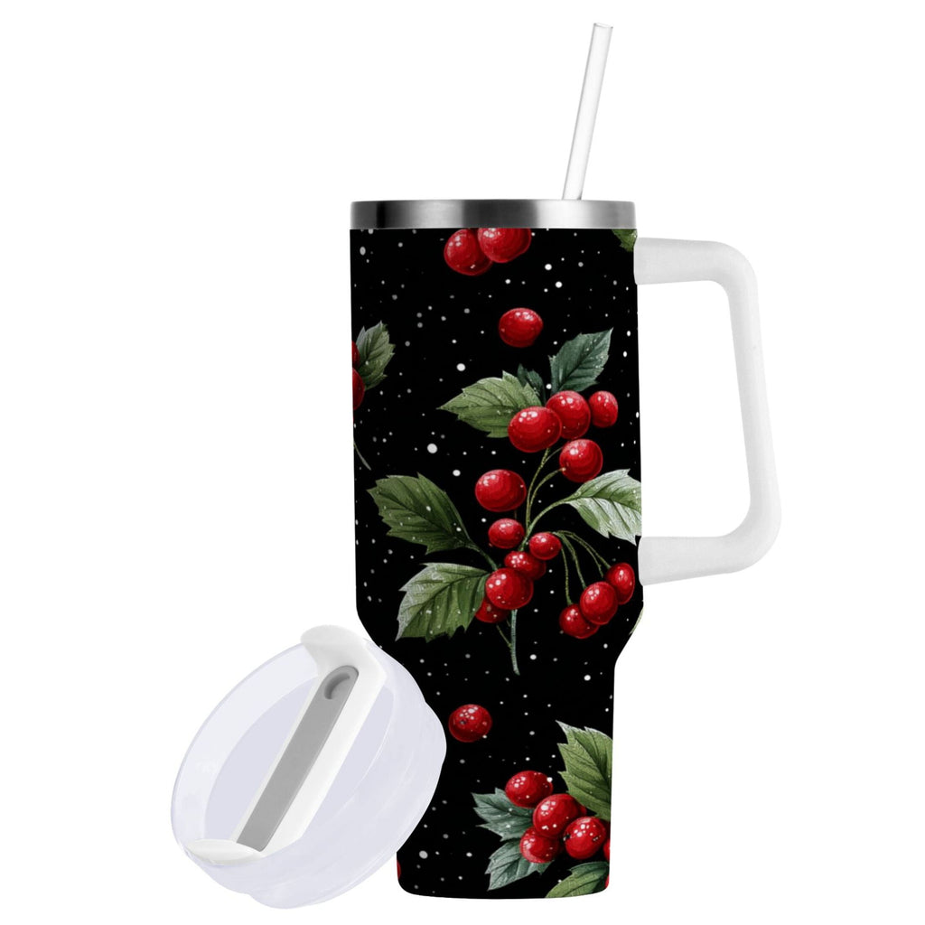 40 oz Insulated Stainless Steel Tumbler Double Wall Stainless Steel Tumbler with 2-Way Drinking Red Holly Berries Pattern - 7MMI
