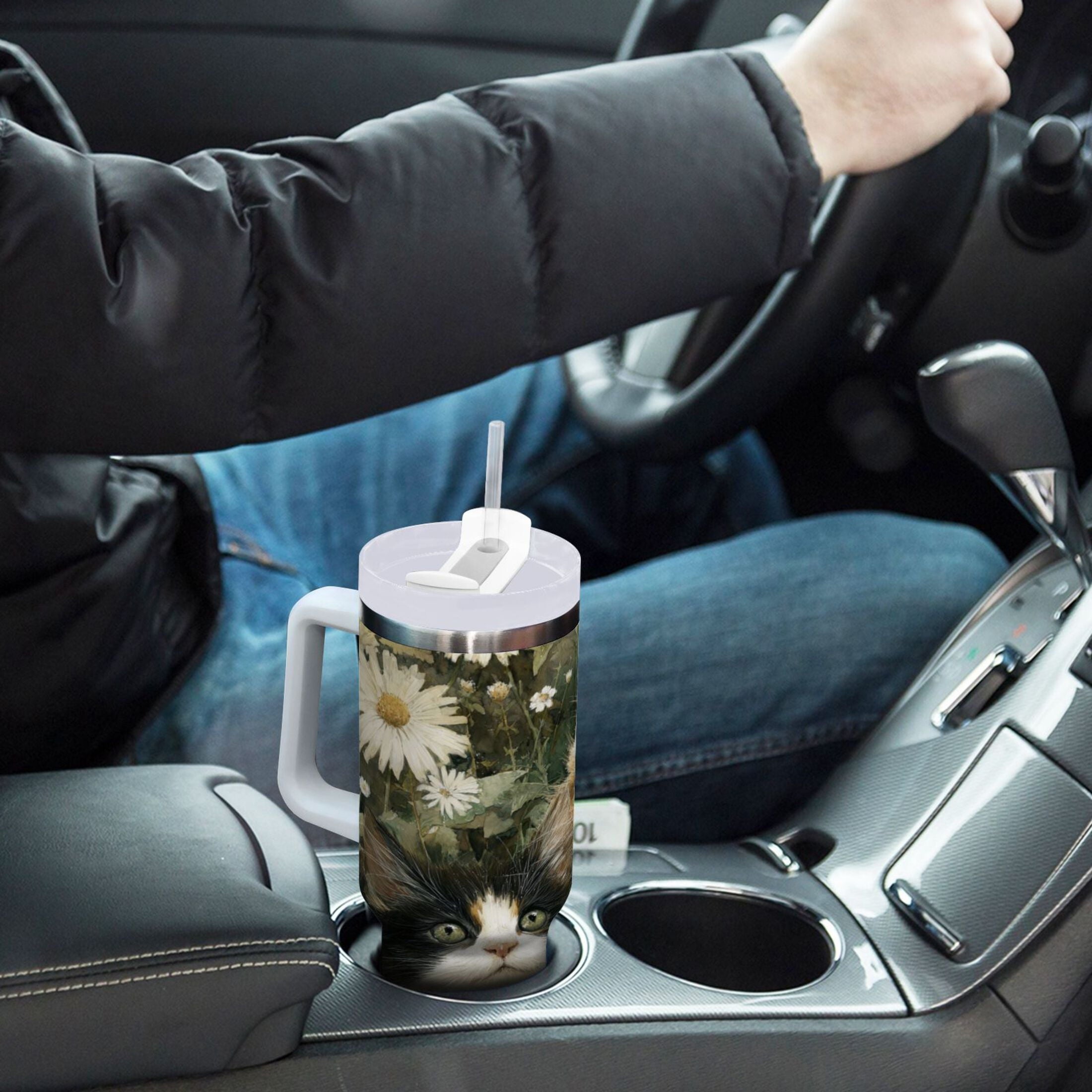 30 oz Insulated Stainless Steel Tumbler Double Wall Stainless Steel Tumbler with 2-Way Drinking Adorable Cats and Daisies - I13N