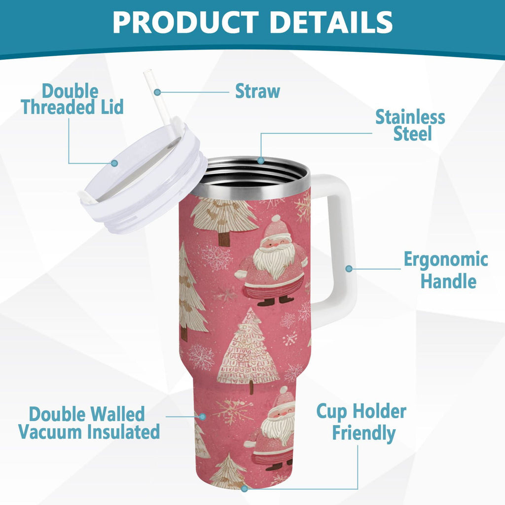40 oz Insulated Stainless Steel Tumbler Double Wall Stainless Steel Tumbler with 2-Way Drinking Pink Santa Claus Pattern - VRN8