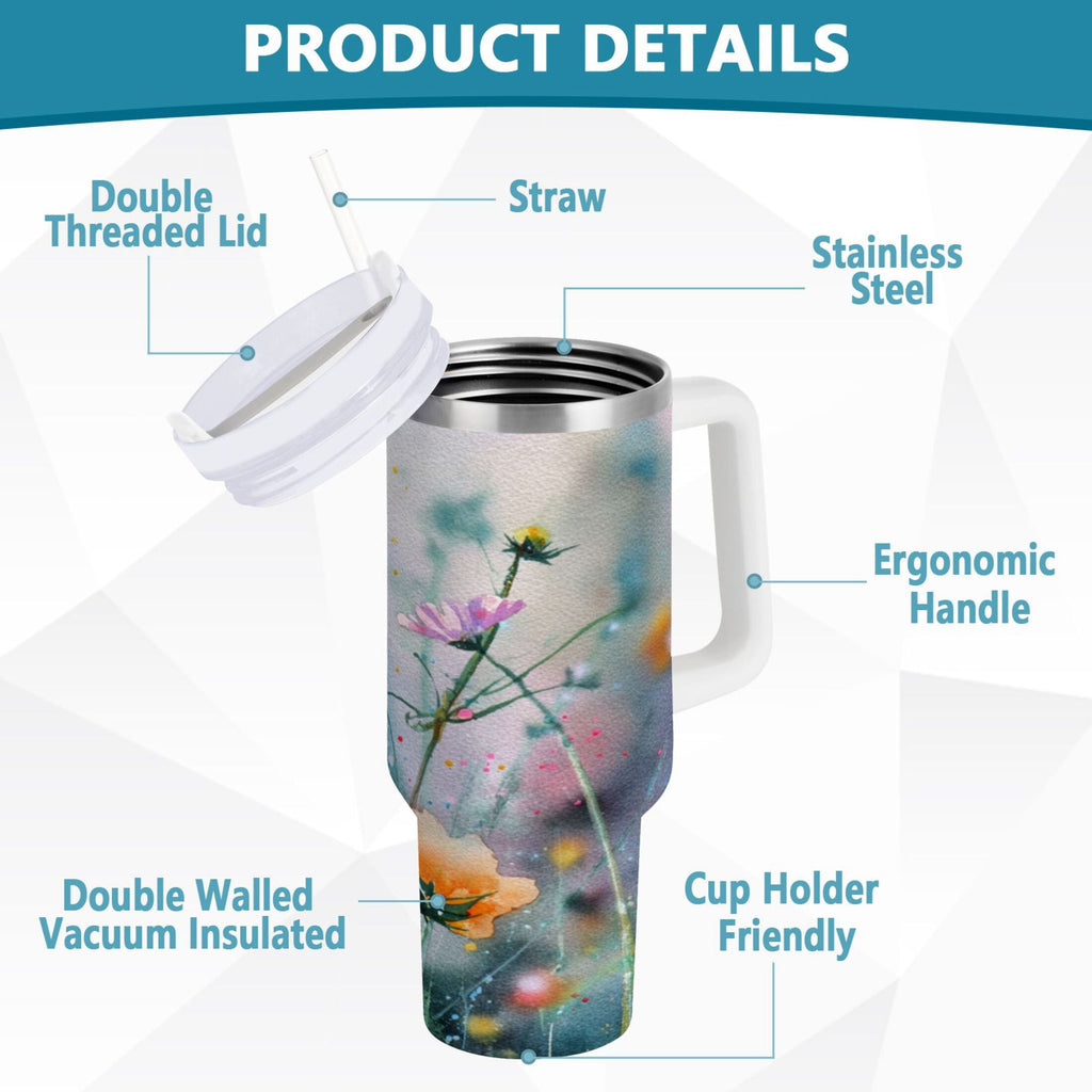 40 oz Insulated Stainless Steel Tumbler Double Wall Stainless Steel Tumbler with 2-Way Drinking Abstract Wildflowers - E6IR