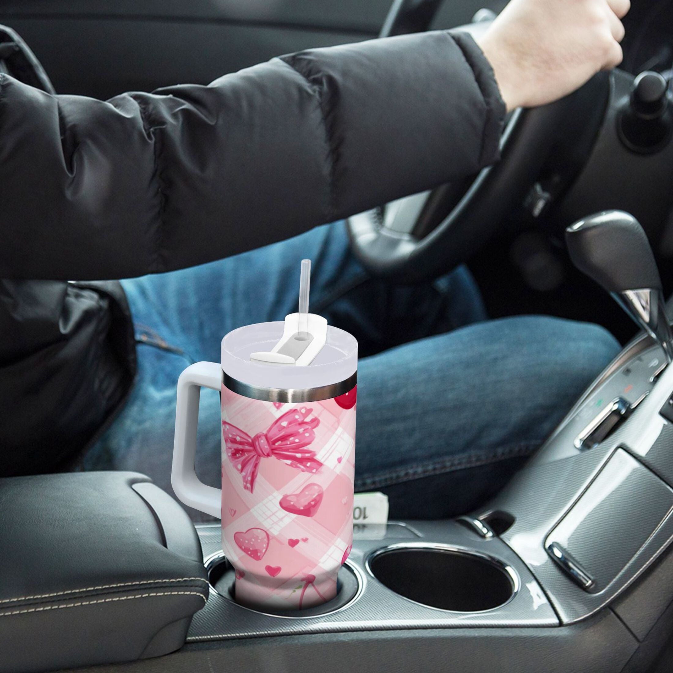 30 oz Insulated Stainless Steel Tumbler Double Wall Stainless Steel Tumbler with 2-Way Drinking Cherry and Pink Bow Pattern - GF7C
