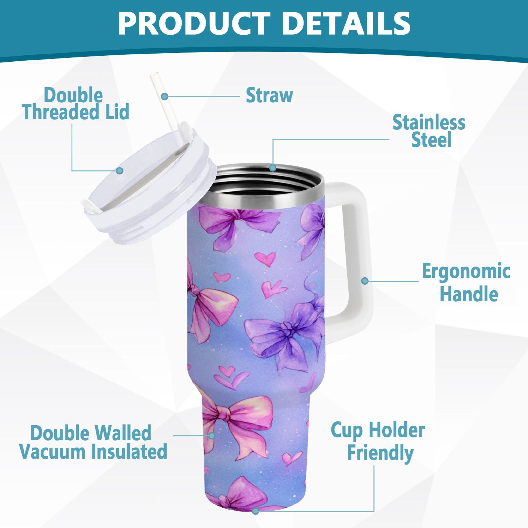 30 oz Insulated Stainless Steel Tumbler Double Wall Stainless Steel Tumbler with 2-Way Drinking Watercolor Bows Pattern - Y4UM