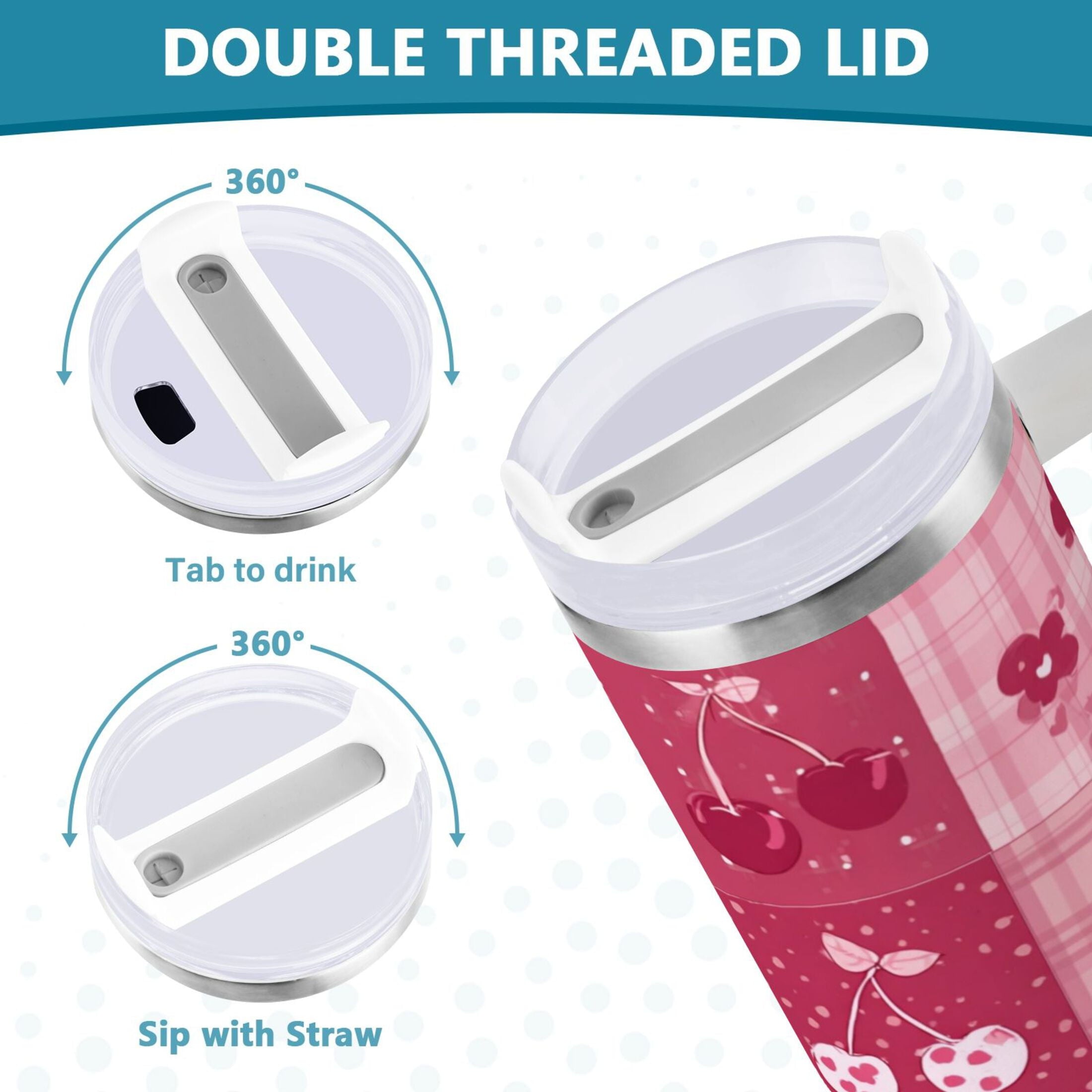 30 oz Insulated Stainless Steel Tumbler Double Wall Stainless Steel Tumbler with 2-Way Drinking Cherry Pattern with Bows - 2NGA