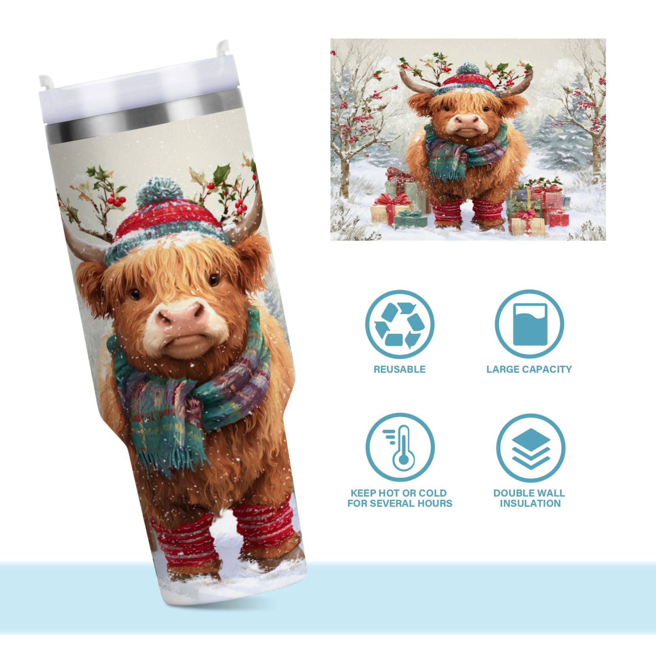 30 oz Insulated Stainless Steel Tumbler Double Wall Stainless Steel Tumbler with 2-Way Drinking Cow Wearing Christmas Hat - W546