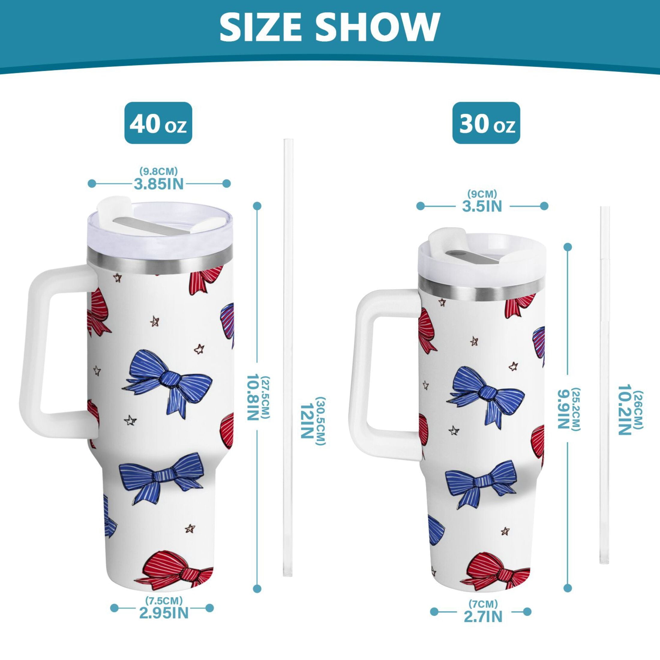 30 oz Insulated Stainless Steel Tumbler Double Wall Stainless Steel Tumbler with 2-Way Drinking Red and Blue Stripe Bows - 1GWC