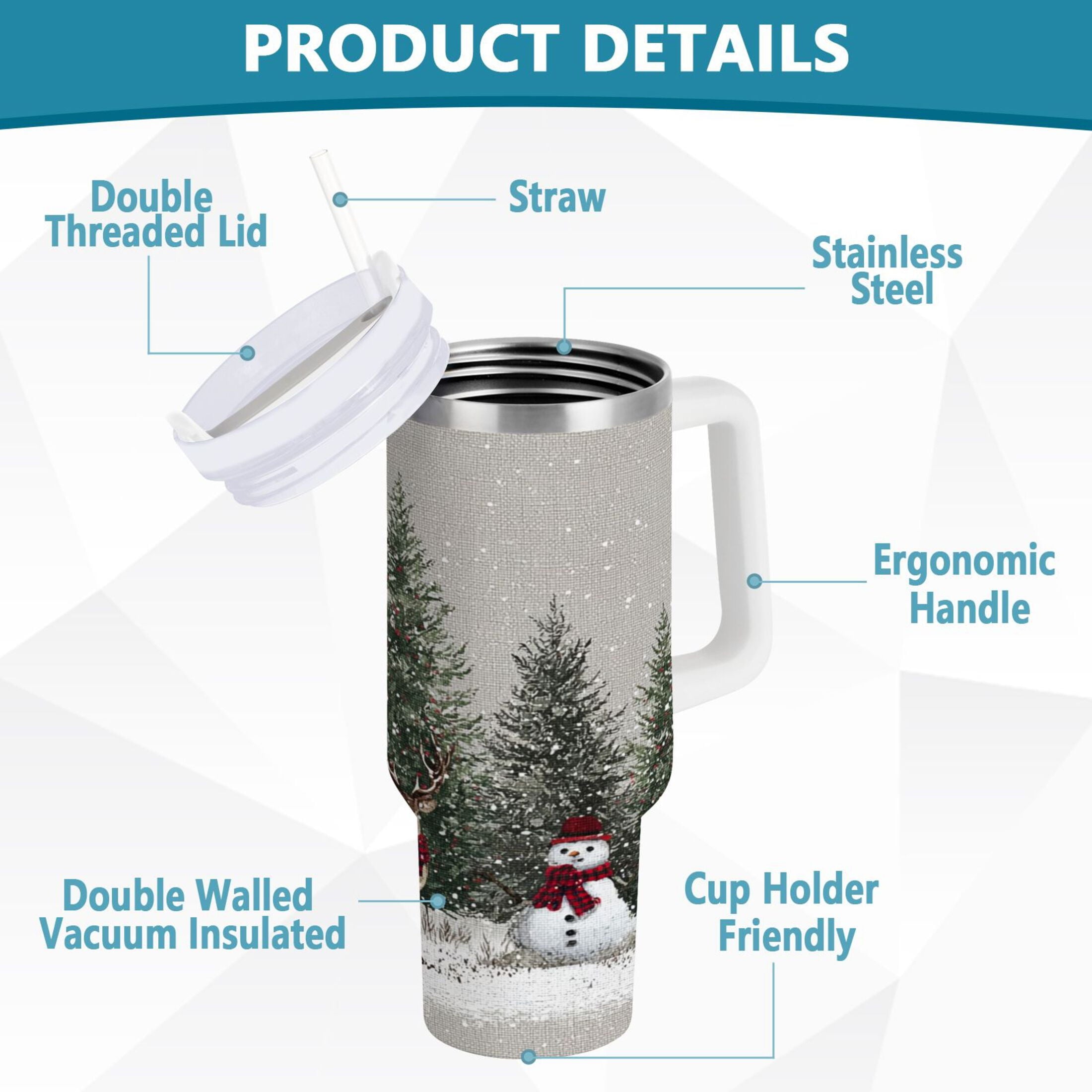30 oz Insulated Stainless Steel Tumbler Double Wall Stainless Steel Tumbler with 2-Way Drinking Christmas Deer and Snowmen - 76PT