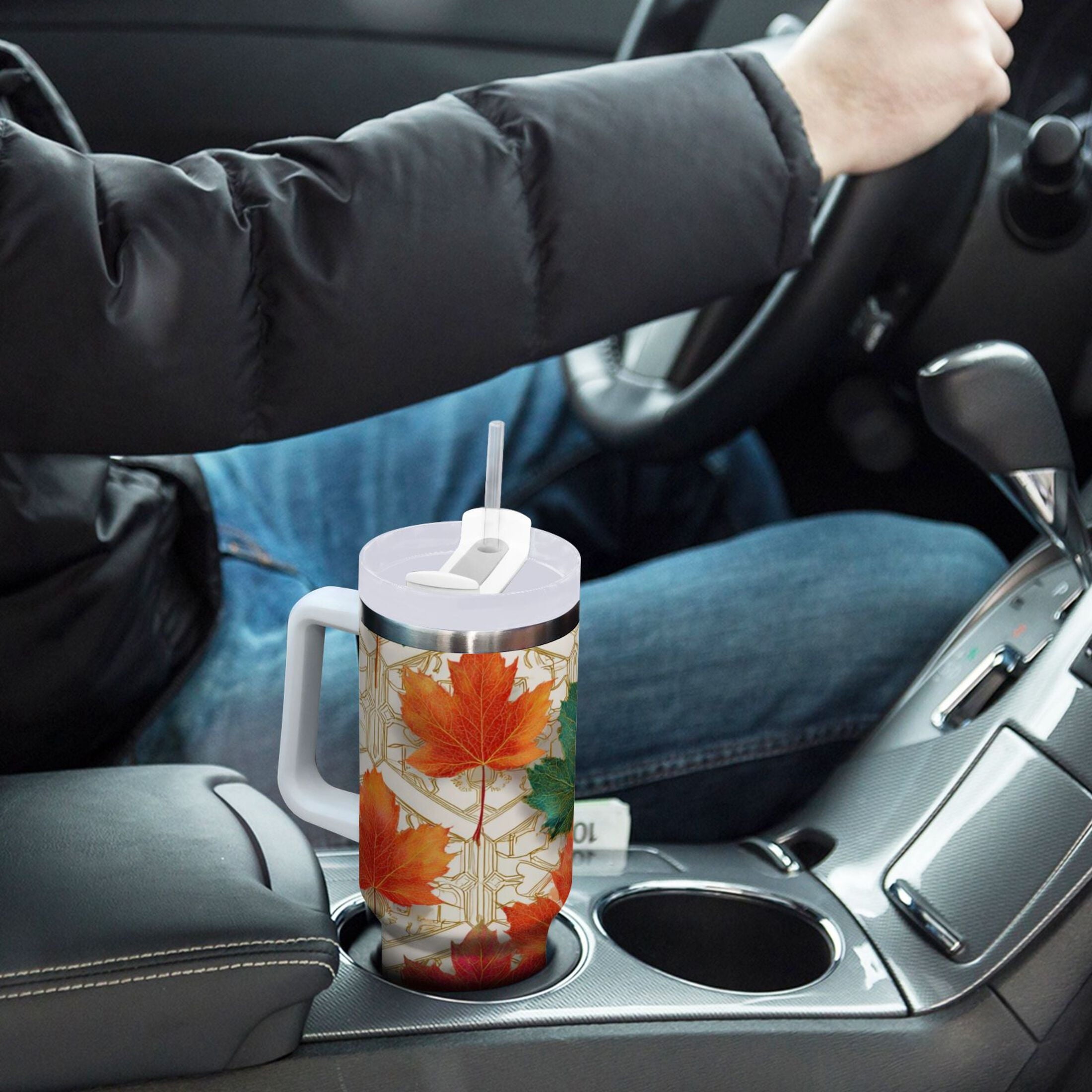 30 oz Insulated Stainless Steel Tumbler Double Wall Stainless Steel Tumbler with 2-Way Drinking Green and Red Maple Leaves - X4NS