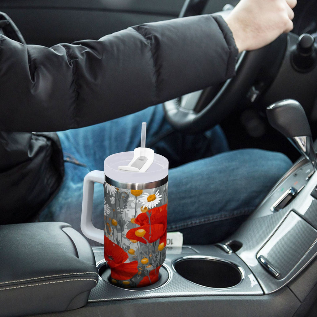 40 oz Insulated Stainless Steel Tumbler Double Wall Stainless Steel Tumbler with 2-Way Drinking Red Flowers and Daisies - EC6D
