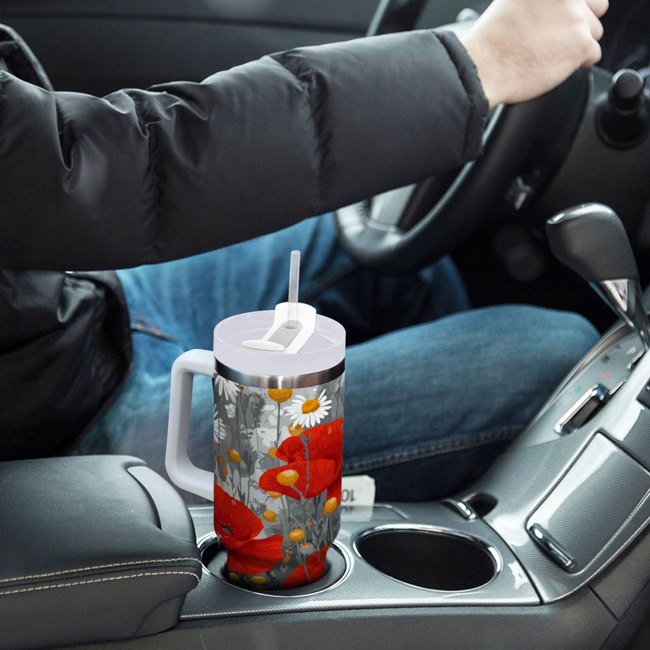 40 oz Insulated Stainless Steel Tumbler Double Wall Stainless Steel Tumbler with 2-Way Drinking Red Flowers and Daisies - EC6D